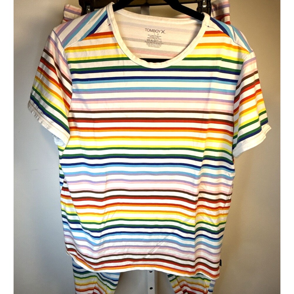 TomboyX Rainbow Striped Cotton Blend Jersey top/pants Loungewear Jogger Set L/M* - Picture 6 of 7